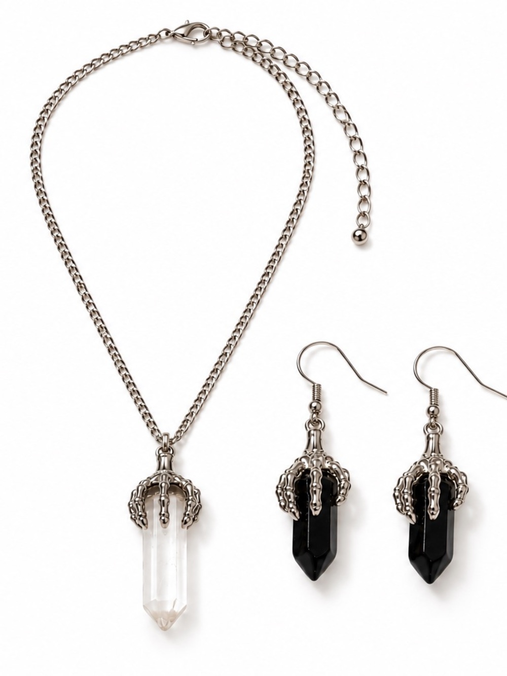 NEW - Mystical Clear Crystal Claw & Pendant Necklace & Black Crystal Earring Set
